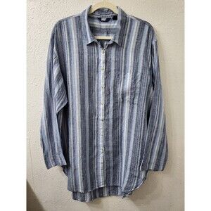 LANDS END Shirt Womens XL 18 Blue Striped Linen Long Sleeve Button Up Resort